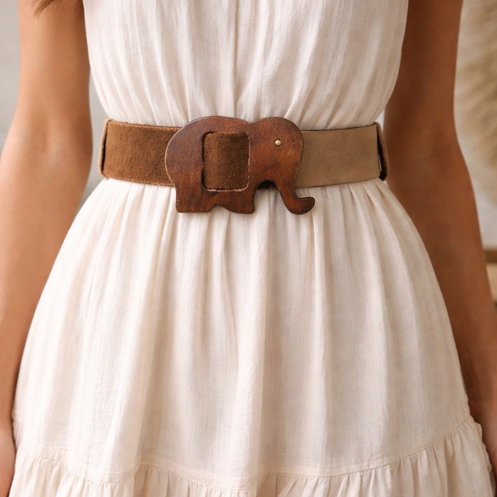 Vintage Suede Elephant Belt Boho Colorblock Handmade Leather 35”